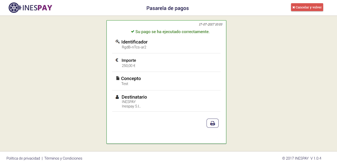 El cliente firma el pago con sus credenciales de banca online y recibe un justificante.