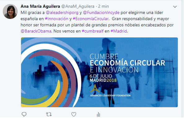 Ana M� Aguilera es elegida una de las l�deres en innovaci�n y econom�a circular por la Adv