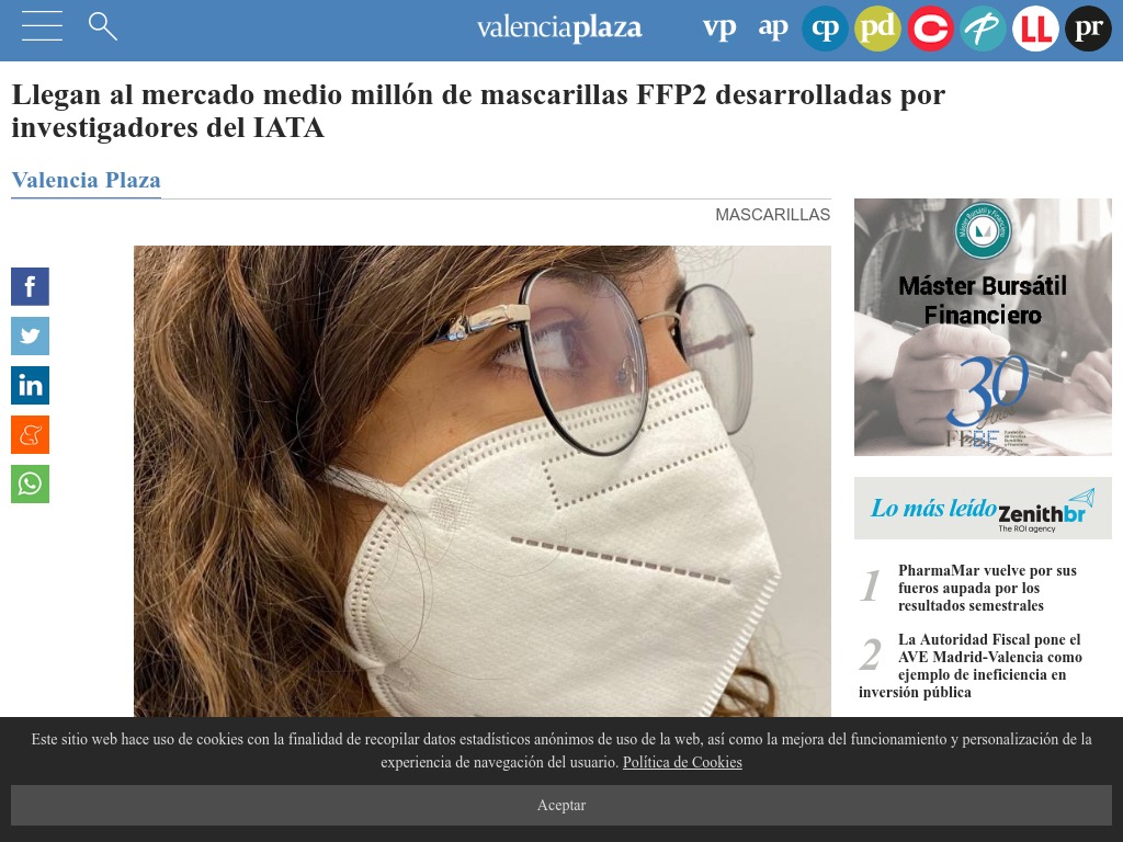 Llegan al mercado medio mill�n de mascarillas FFP2 desarrolladas por investigadores del IATA junto con Bioinicia
